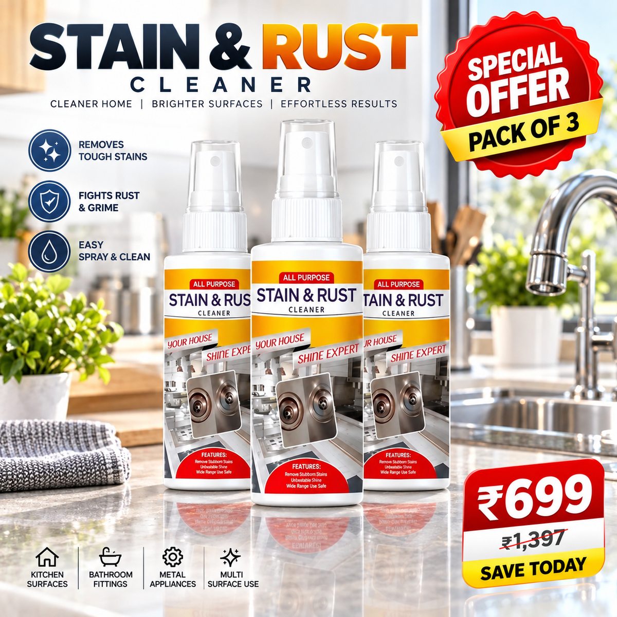 Stain & Rust Remover Spray – Multi-Surface Cleaner | Pack of 3