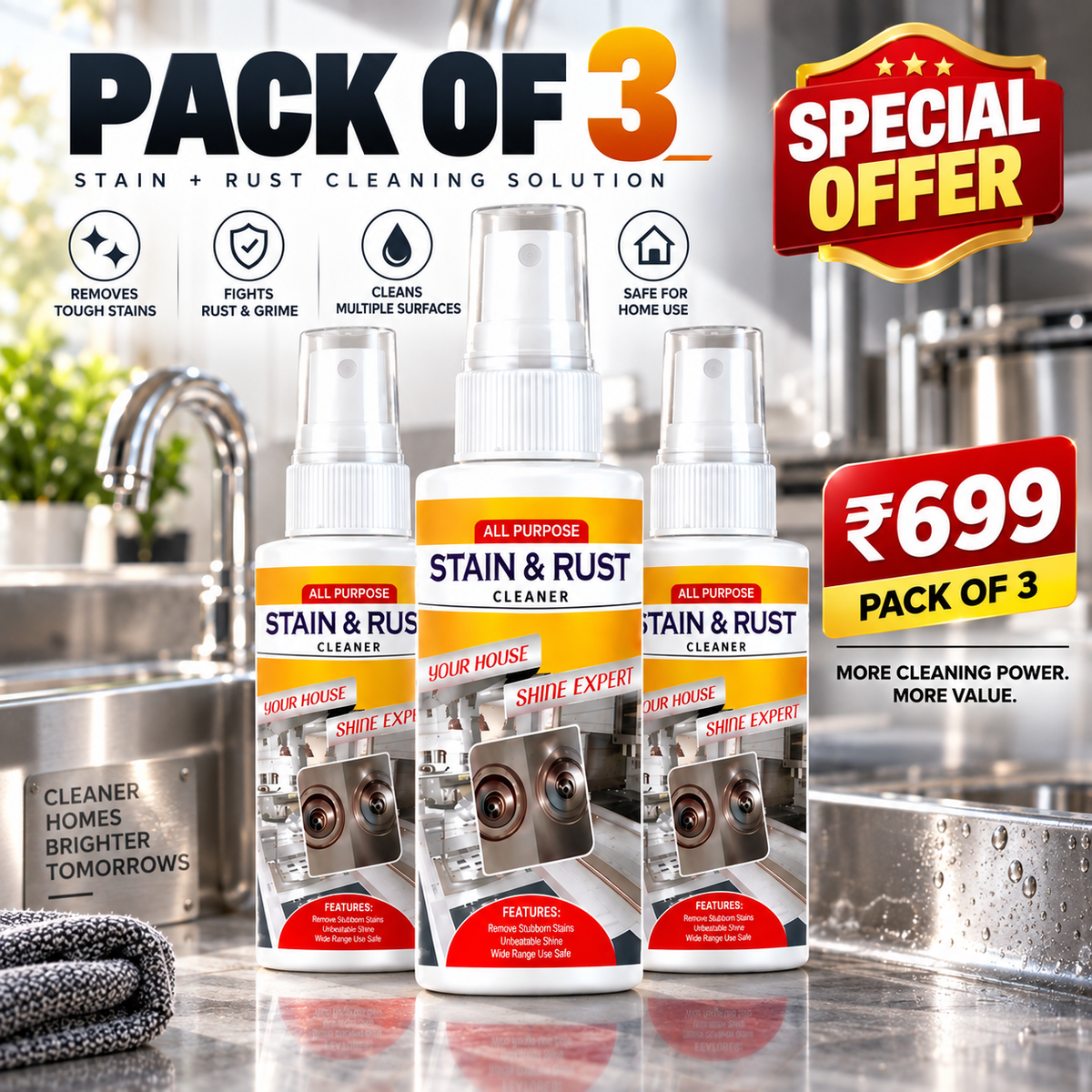 Stain & Rust Remover Spray – Multi-Surface Cleaner | Pack of 3