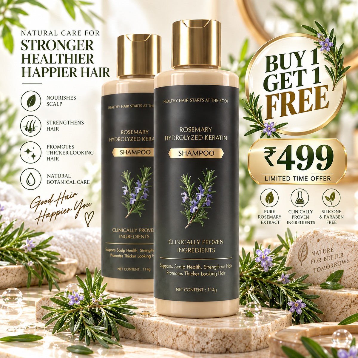 Kerarose Rosemary Shampoo with Hydrolyzed Keratin for Hair & Scalp Care – Buy 1 Get 1 Free