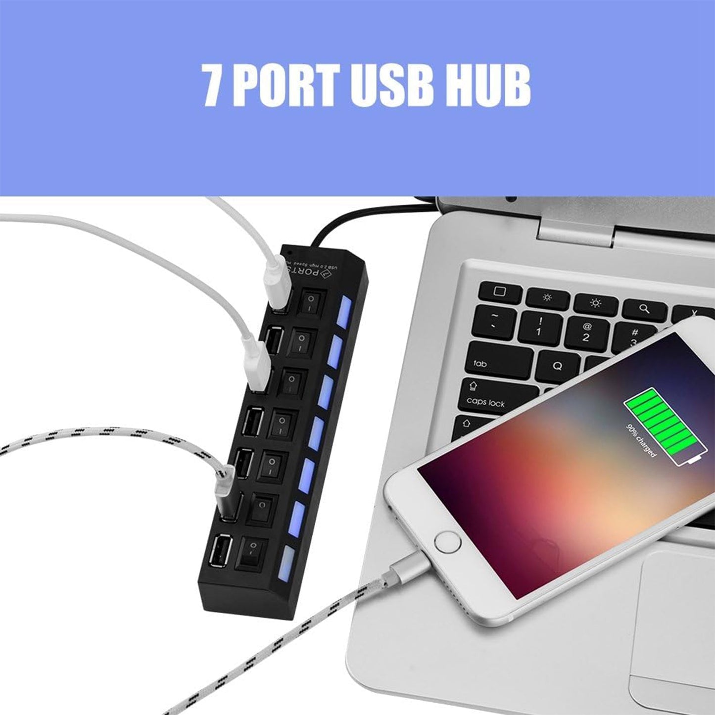 7 Port USB Hub – 7-in-1 Individual Switches, LED Indicators