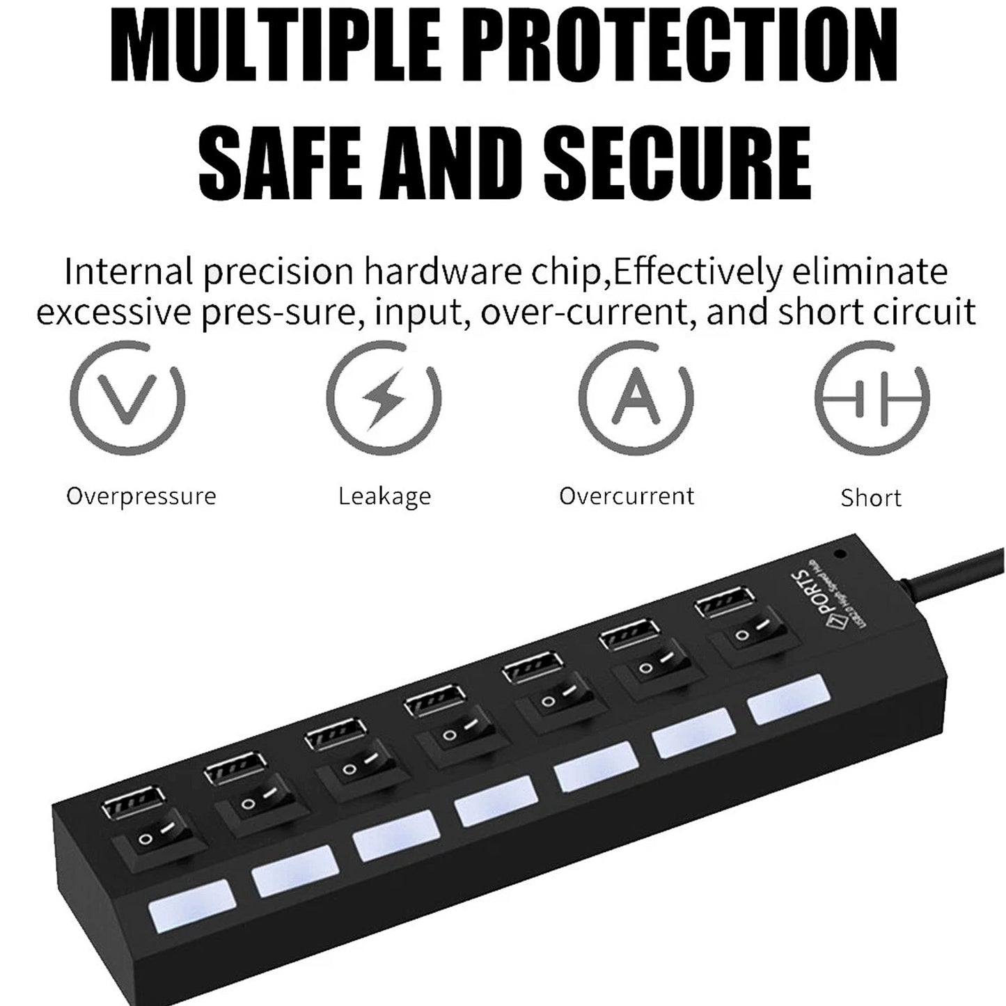 7 Port USB Hub – 7-in-1 Individual Switches, LED Indicators