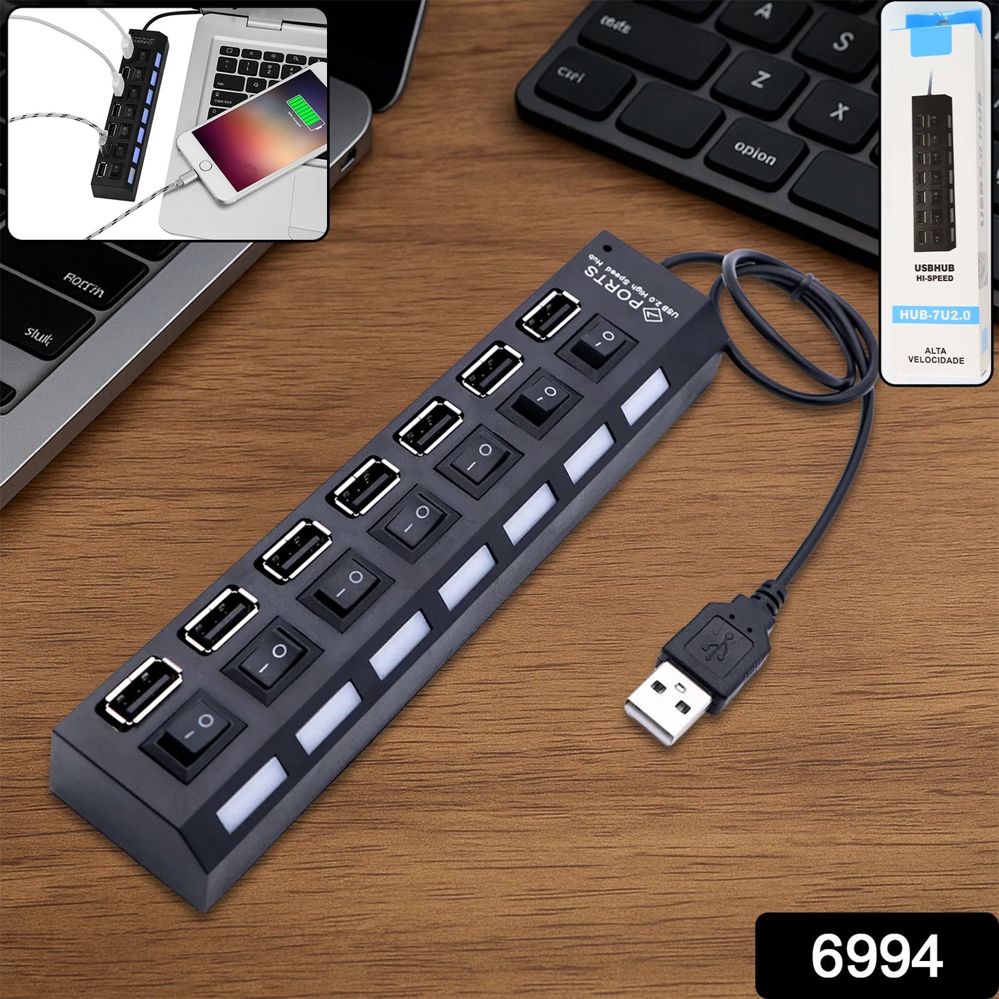 7 Port USB Hub – 7-in-1 Individual Switches, LED Indicators